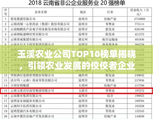 玉溪農(nóng)業(yè)公司TOP10榜單揭曉，引領(lǐng)農(nóng)業(yè)發(fā)展的佼佼者企業(yè)